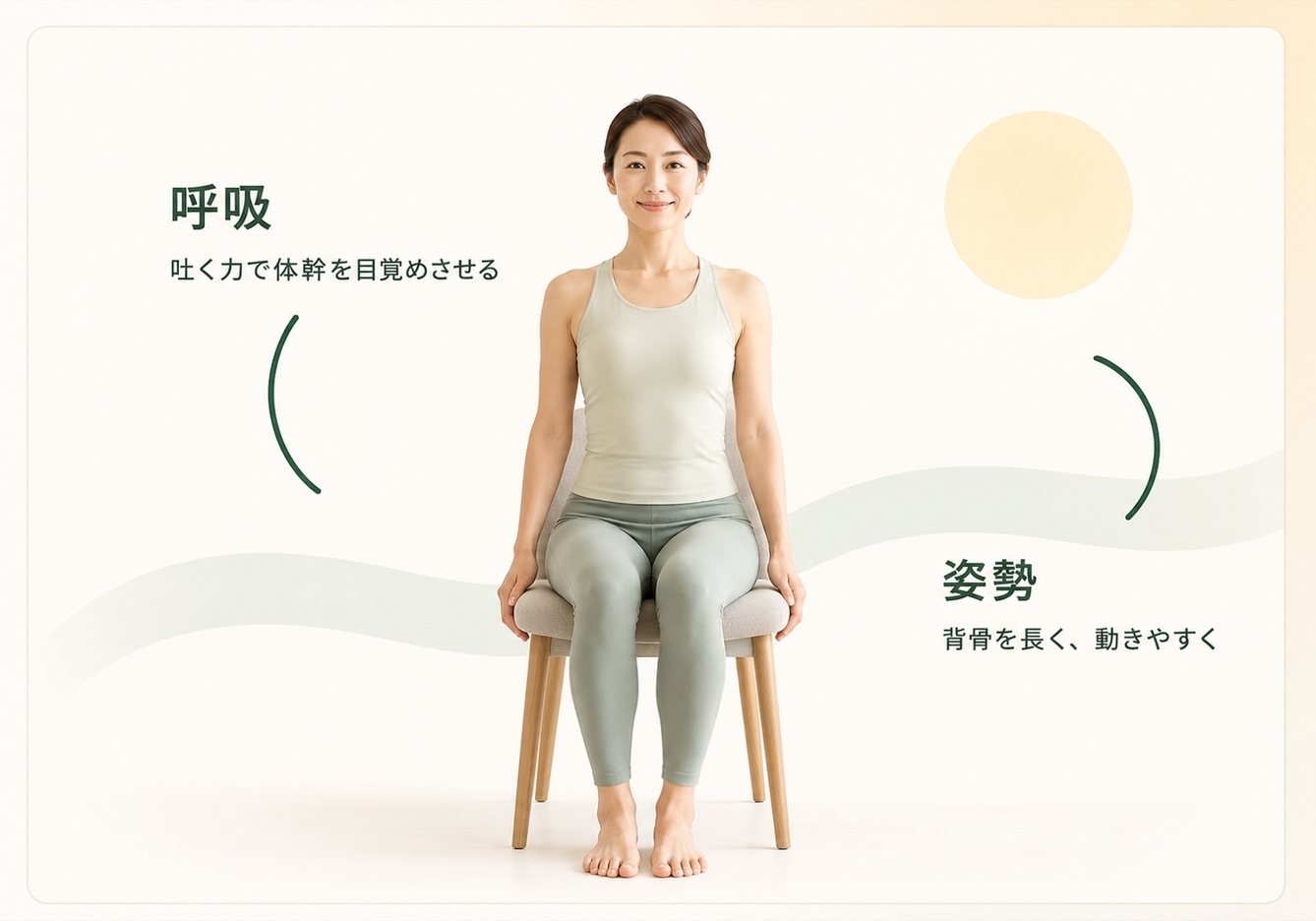椅子に座って姿勢よく呼吸しているピラティスのイメージ